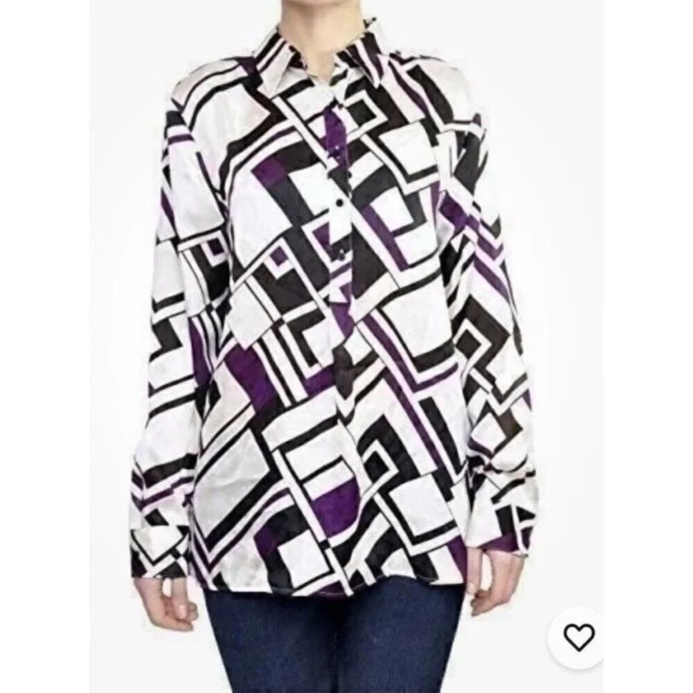 Lauren Ralph Lauren Womens Medium Geo Print Button Front Blouse Long Sleeve Top